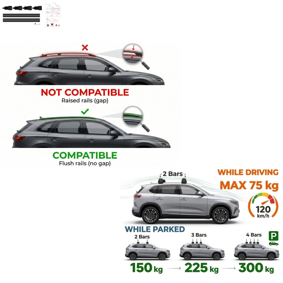 Aluminium Roof Rack Cross Bars compatible with BMW X1 F48 2016-2022 Black - GSPR product safety information