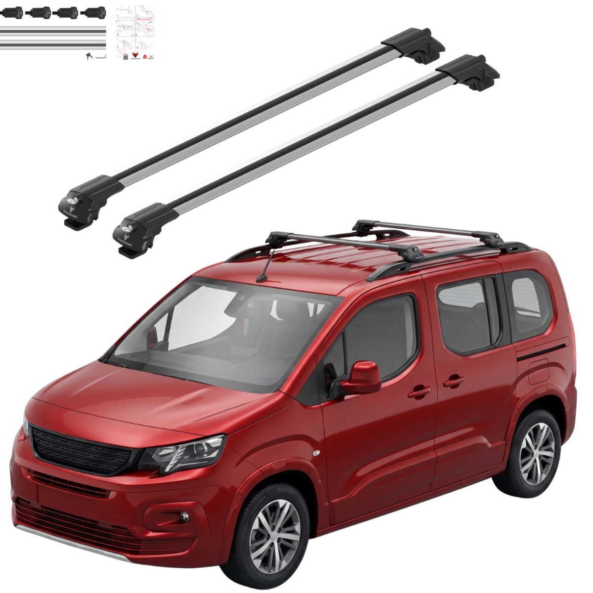 Aluminium Roof Rack Cross Bars compatible with Citroen Berlingo 2024-2025 Silver - main roof rack cross bars product image