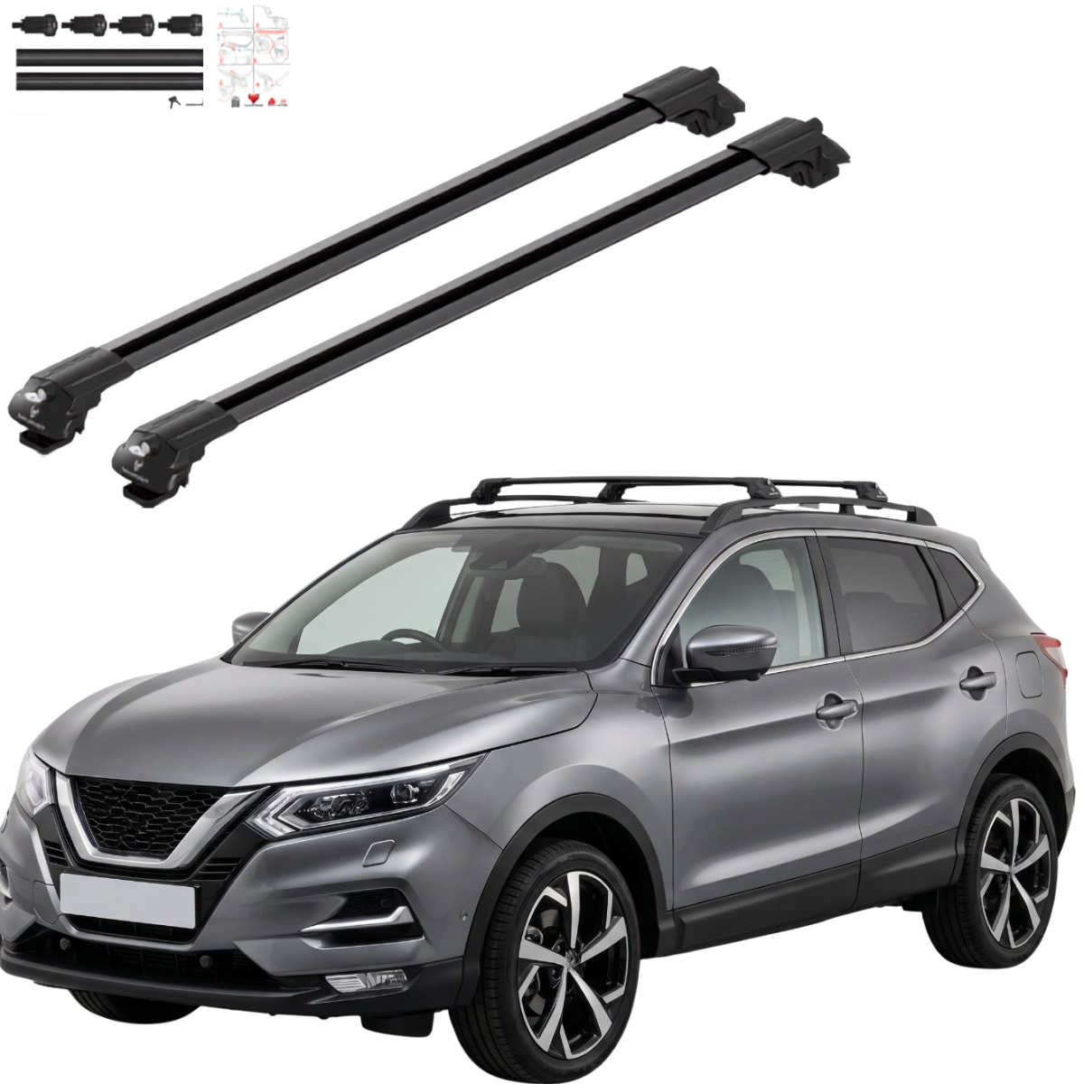 Aluminium Roof Rack Cross Bars compatible with Nissan Qashqai J11 2014-2021 Black - main roof rack cross bars product image