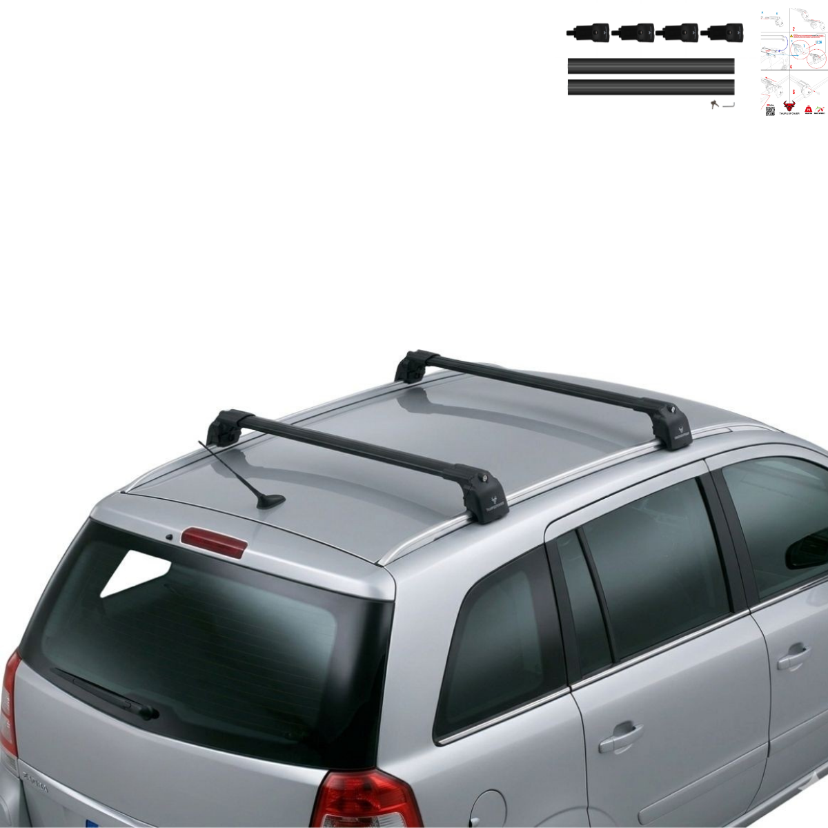 Aluminium Roof Rack Cross Bars compatible with Opel Zafira B MPV 2005-2011 Black - roof rack mounting detail