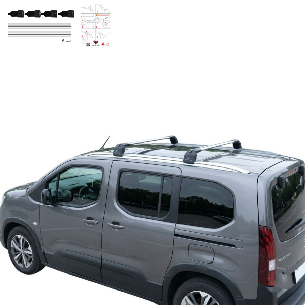 Aluminium Roof Rack Cross Bars compatible with Peugeot Rifter 2025+ Silver - aluminium cross bars full product view