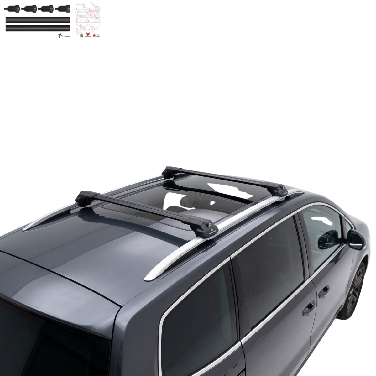 Aluminium Roof Rack Cross Bars compatible with Seat Alhambra MK2 7N 2010-2020 Black - installed roof rack cross bars on vehicle