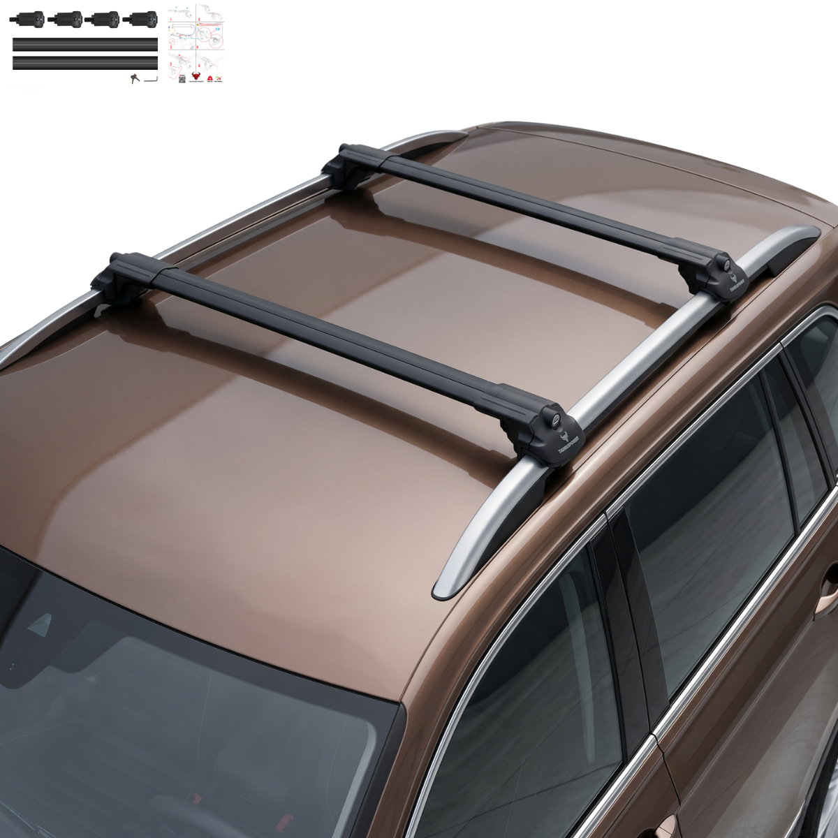 Aluminium Roof Rack Cross Bars compatible with VW Tiguan 5N Allspace 2018-2020 Black - installed roof rack cross bars on vehicle