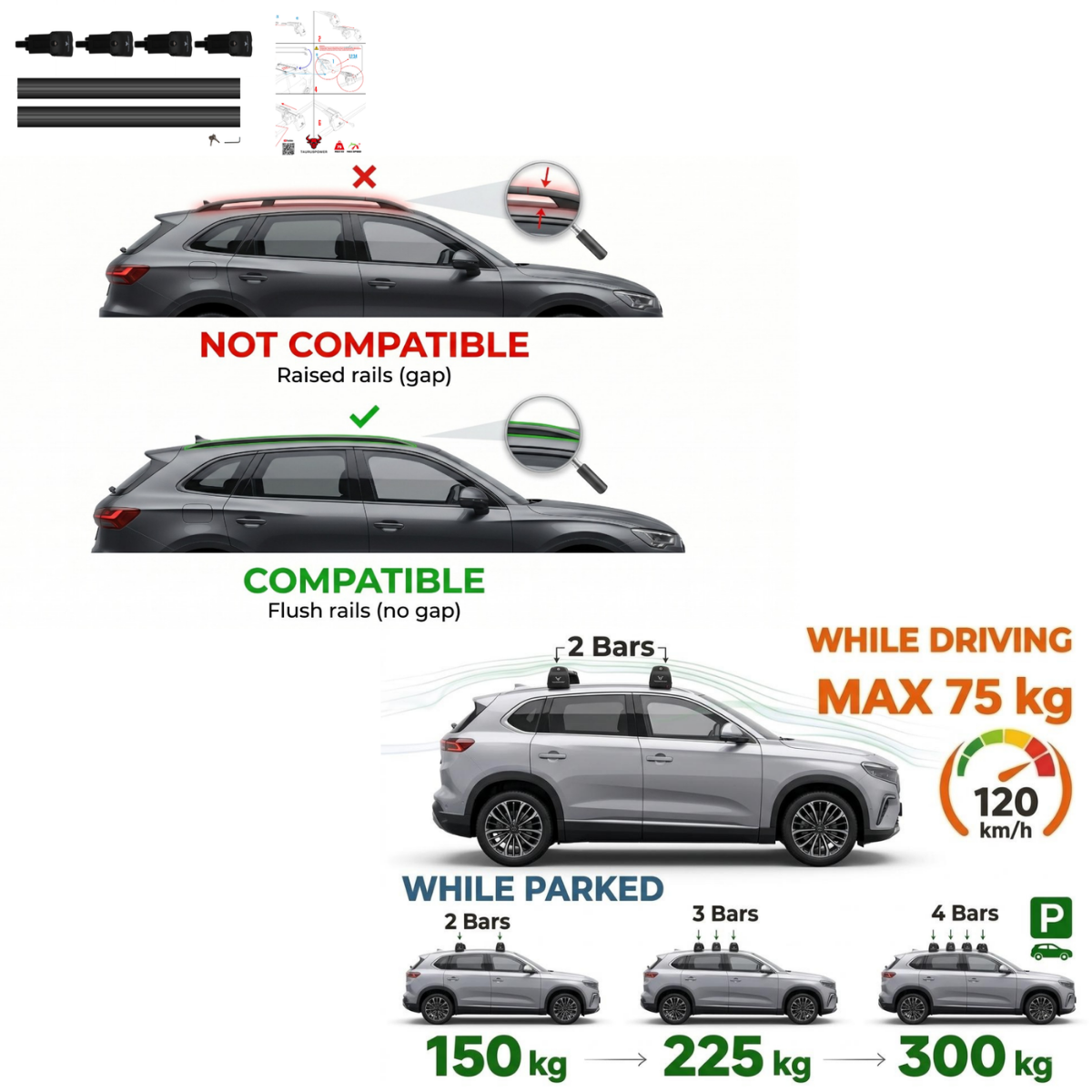 Aluminium Roof Rack Cross Bars compatible with VW Tiguan 5N 2007-2016 Black - GSPR product safety information