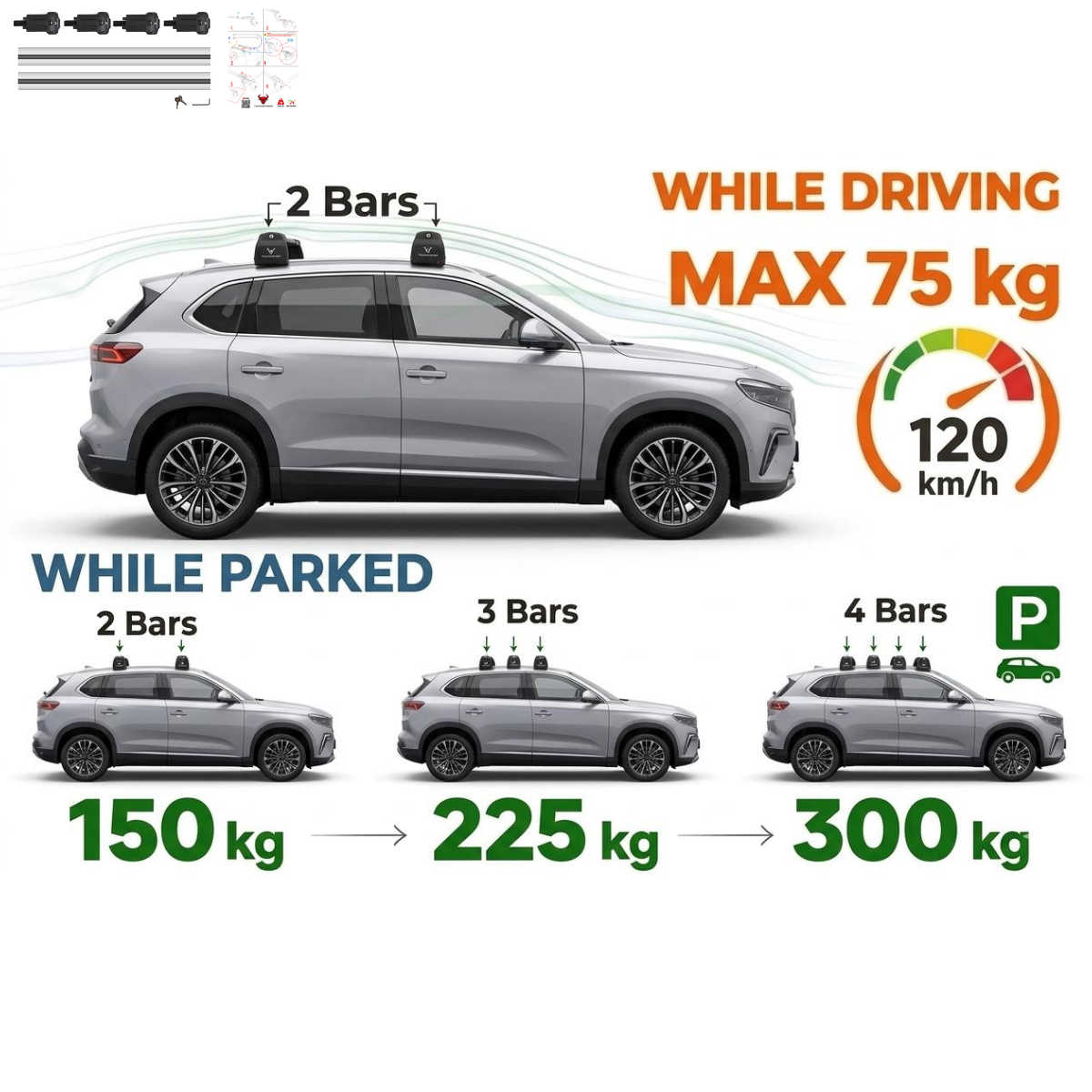 Aluminium Roof Rack Cross Bars compatible with VW Tiguan 5N 2007-2016 Silver - roof rack cross bars product detail