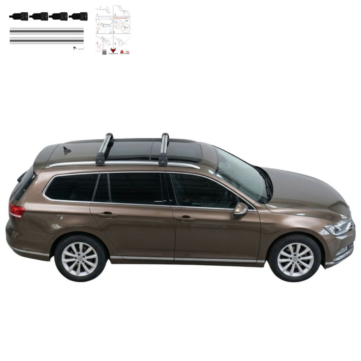 Aluminium Roof Rack Cross Bars compatible with VW Passat Variant B8 2015-2023 Silver - installed roof rack cross bars on vehicle