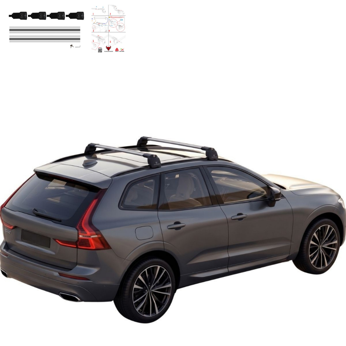 Aluminium Roof Rack Cross Bars compatible with Volvo XC60 2018-2025 Silver - installed roof rack cross bars on vehicle
